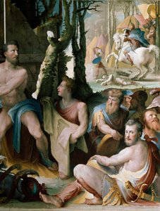 Fryzja: ofiara króla Aten Codros, szczegół. Mitologia grecka: Codros (lub Codrus) dowiaduje się od wyroczni, że przewagę wojny między Dorami i Ateńczykami będą mieli ci, których przywódca zostanie zabity, dobrowolnie pożarty