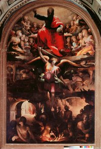 Święty Michał goni aniołów zbuntowanych Obraz Domenico Beccafumi (1486-1551) 1526-1530 ok. Słońce. 348x225 cm. Siena, Chiesa di San Niccolo al Carmine