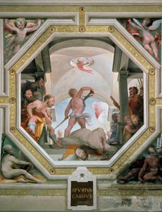 Ścięcie Spuriusa Cassius Vecellinus lub Viscellinus wykonane przez jego ojca za rozważenie zostania królem w 485 pne Fresco Domenico di Giacomo di Pace dit Beccafumi (1486-1551) 1529-1535 Siena (Siena), Palazzo Pubblico autorstwa Domenico Beccafumi