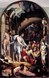 Zejście Chrystusa do otchłani. Trzyma białą chorągiew przebitą czerwonym krzyżem, symbolem Zmartwychwstania. Obraz Domenico Beccafumi (1486-1551)