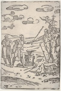 Fałszerz stojący przy kowadle, ciągnący mężczyznę w kajdanach, z dzieła „Różne operacje alchemii”
