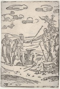 Fałszerz stojący przy kowadle, ciągnący zakutego w kajdany mężczyznę, z serii The var..., ca. 1540-1550. autorstwa Domenico di Pace Beccafumi  