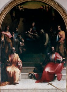 Mistyczne zaślubiny św. Katarzyny ze Sieny i świętych. Reprezentowani są: św. Piotr, św. Zygmunt, św. Bernardino ze Sieny (Bernardino da Siena lub Bernardino degli Albizzeschi), św. Dominik Guzman, św. Katarzyna Aleksandryjska, św. Paweł autorstwa Domenico Beccafumi