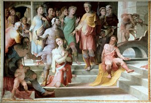 Ofiara Seleucos de Locres (Seleucus de Locride) Seleucos, aby oślepić swojego syna, aby ukarać go za popełniony przez niego gwałt, woli umrzeć jednym z jego oczu. Fresk Domenico di Giacomo di Pace dit Beccafumi (1486-1551) 1529-1535 Siena, Pala autorstwa Domenico Beccafumi