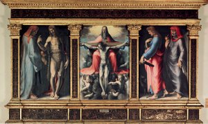 Tryptyk Trójcy Świętej: Św. Cosimo (Przyjdź lub Cosimo), Św. Jan Chrzciciel, Trójca Święta, Św. Jan Ewangelista i Św. Damien. Wstawka „”INRI”” na krzyżu. Obraz Domenico Beccafumi (1486-1551) autorstwa Domenico Beccafumi
