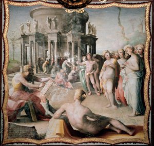 Zeuxis (lub Zeuxippos, grecki malarz Heraklei, 464-398 pne) namalował portret Heleny do świątyni Hery w Crotone. Obraz Domenico Beccafumi (1486-1551)