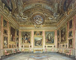 Wnętrza Palazzo Pitti, Florencja: Sala di Saturno z „Lamentacją” Perugino otoczoną obrazami Fra Bartolommeo i Rafaela, 1871 autorstwa Domenico Caligo