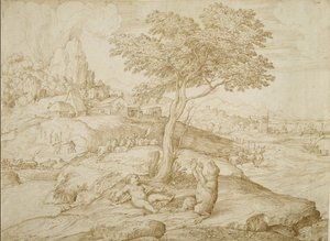 Przekształcenie Callistosa w niedźwiedzia po urodzeniu Arcasa, ok. 1558 (długopis i brązowy tusz na kremowym papierze)