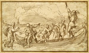 Chrystus i św. Piotr chodzą po wodzie (pióro i brązowy atrament na papierze) autorstwa Domenico Campagnola