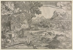 Pejzaż ze św. Hieronima i dwoma lwami, c. 1530-35. autorstwa Domenico Campagnola