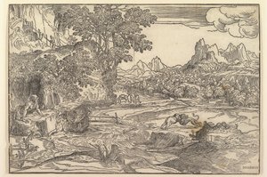 Pejzaż ze św. Hieronima po lewej stronie w kierunku lwa i niedźwiedzia walczących w cent..., ok. godz. 1530-35. autorstwa Domenico Campagnola
