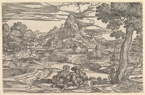 Krajobraz z kobietą siedzącą obok mężczyzny grającego na lirze korbowej, ca. 1540. autorstwa Domenico Campagnola