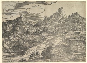 Na pierwszym planie pejzaż z rodziną idącą razem, po lewej dwie postacie z ..., ca. 1535-40. autorstwa Domenico Campagnola