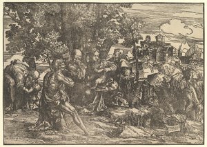 Maria siedząca pod drzewami z dzieckiem, otoczona przez Józefa po lewej i św. Hieronima po prawej, św..., 1517. autorstwa Domenico Campagnola
