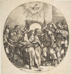 Duch Święty jako ptak zstępujący z rozpostartymi skrzydłami pośrodku, dwunastu Apostołów..., 1518.