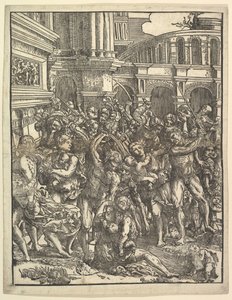 Rzeź Niewiniątek Prawa strona z grupą męskich postaci atakujących kobiety i..., 1517. autorstwa Domenico Campagnola