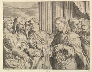 Pieniądze z hołdu: Chrystus pośrodku po prawej, wskazujący na mężczyznę po lewej z monetami..., ok. godz. 1564-89. autorstwa Domenico Campagnola