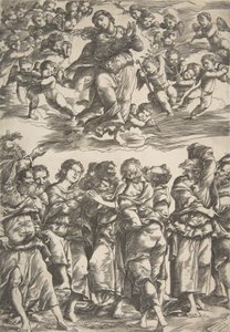 Dziewica u góry pośrodku w chmurach ze splecionymi dłońmi i podniesioną prawą nogą, otoczona..., 1517. autorstwa Domenico Campagnola