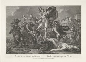 Achilles ciągnie zwłoki Hectora za swoim rydwanem Achilles in exanimem Hectora saevit / Achilles wyładowuje swoją wściekłość na Hektorze (tytuł na obiekcie)
