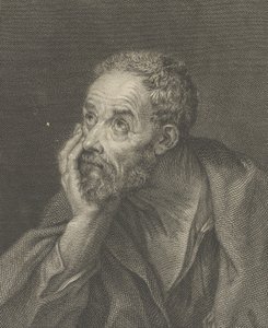 Stary brodaty mężczyzna opierający głowę na prawej ręce i patrzący w górę w lewo, na rufie..., 1775.