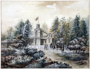 Pavillon de chasse Crack, dom Pavlovsk - Krak w Pawłowsku - Domenico Felice Lamoni (1745-1830). Akwarela i biały kolor na papierze, po 1778 r. Państwowe Muzeum Historii Sankt Petersburga