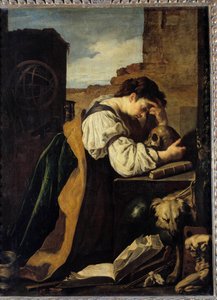 Melancholia Smutna młoda kobieta pochyla się nad głową czaszki, za nią sfera armilarna. Obraz (Próżność) autorstwa Domenico Feti (1589-1624) Nd. 1,71x1,28m. autorstwa Domenico Feti
