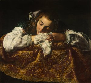 Śpiąca dziewczyna - Peinture de Domenico Fetti (1588 / 90-1623) - 1621-1622 - Olej na płótnie - 67,5x74 - Muzeum Szepmuveszeti, Budapeszt