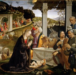 Adoracja pasterzy Obraz Domenico Ghirlandaio (1449-1494) 1483-1485 niedz 167x167 cm Capella Sassetti, Santa Trinita, Florencja