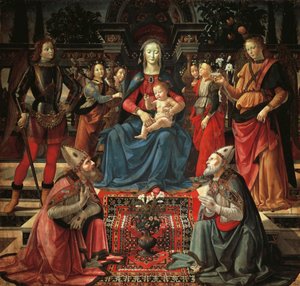 Madonna z Dzieciątkiem na tronie, św. Zenobiusz, św. Just, św. Michał Archanioł i św. Rafael Archanioł, ok. 1483, autorstwa Domenico Ghirlandaio (1449-1494), tempera na drewnie autorstwa Domenico Ghirlandaio
