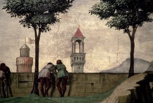 Mężczyźni patrzący przez mur, z Nawiedzenia autorstwa Domenico Ghirlandaio