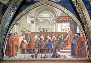 Odebranie Reguły Zakonu przez św. Franciszka od papieża Honoriusza, scena z cyklu Żywot św. Franciszka z Asyżu, 1486 (zob. także 52660 i 176888) autorstwa Domenico Ghirlandaio