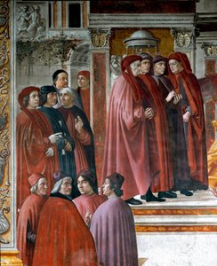 Ogłoszenie w Zachariaszu (Zaccharia) Poniżej po lewej stronie znajdują się myśliciele i intelektualiści Marsile Ficin (Ficino), Cristoforo Landino, Angelo Poliziano i Demetrios Chalkondyles (Calcondila). Szczegół. Fresk Domenico di Tommaso Bigordi dit Ghir autorstwa Domenico Ghirlandaio