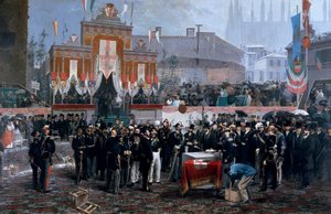 Ceremonia wmurowania kamienia węgielnego pod Galerię Wiktora Emanuela II w Mediolanie, 7 marca autorstwa Domenico Induno