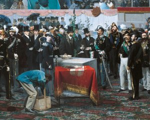 Wmurowanie kamienia węgielnego pod Galerię Vittorio Emanuele w Mediolanie, reż. Domenico Induno, detal, olej na płótnie autorstwa Domenico Induno