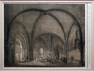 Domenico quaglio II, chrzcielnica i krużganek katedry w Moguncji, z kolekcji pamiętnych średniowiecznych budowli w Niemczech, 1823, litografia autorstwa Domenico Quaglio the Younger