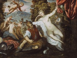 Wenus i Mars z Kupidynem i Trzema Gracjami w pejzażu autorstwa Domenico Robusti Tintoretto