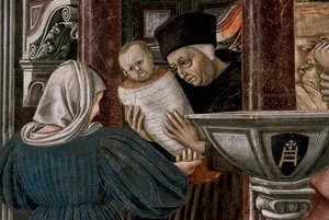 Historia szpitala: ""Widok sierocińca Santa Maria della scala w Sienie""Ślub młodej sieroty. Szczegół przedstawiający porzucenie sieroty po urodzeniu. Fresk Domenico di Bartolo (1400/1404-1445/47) w Sali Pielgrzymów
