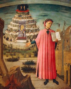 Dante Alighieri z Boską Komedią w ręku i górami czyśćca w tle, fragment Boskiej Komedii, autorstwa Dante Alighieri (1265-1321), Domenico di Michelino (1417-1491), fresk, Bazylika Matki Boskiej Kwiatowej we Florencji. Włochy,1465