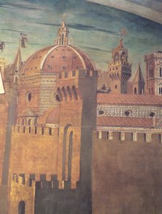Detal przedstawiający katedrę we Florencji, z fresku Dantego z Divina Commedia w nawie północnej, detal fresku z 1465 z 42355 autorstwa Domenico di Michelino