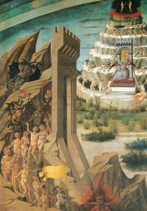 Figury potępionych, fragment Dantego trzymającego Boską Komedię, fresk Domenico di Michelino (1417-1491), Katedra Santa Maria del Fiore, Florencja, Włochy