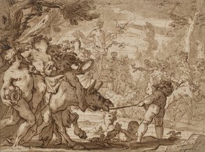Triumf Bachusa, ok. 1642-1703 (pióro i brązowy tusz oraz umyć czerwoną kredą na papierze wykładanym)