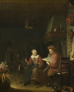Wnętrze z mężczyzną czytającym i kobietą przędzącą włóczkę autorstwa Domenicus van Tol
