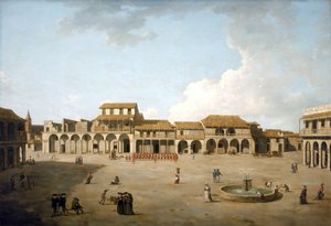 Plac w Hawanie (Kuba), sierpień i wrzesień 1762 r., pod okupacją brytyjską z oddziałem żołnierzy w czerwonych mundurach, opis budynków i kilku angielskich marynarzy w pobliżu fontanny autorstwa Dominic Serres