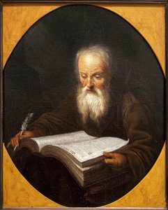 Mnich czytający, piórko w dłoni. Obraz Domenicus Van Tol (1635-1676), olej na płótnie, Gerrit Dou (1613-1675). Sztuka flamandzka autorstwa Dominicus van Tol
