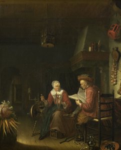 Wnętrze z mężczyzną czytającym i kobietą przędącą przędzę autorstwa Dominicus van Tol