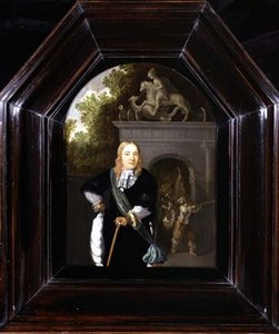 Portret kapitana Jacobusa Van Der Burgha stojącego przed Doeler Poort, Leiden autorstwa Dominicus van Tol