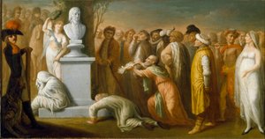Kampania (wyprawa) egipska (1798-1801): „”Powrót Napoleona Bonaparte (1765-1821) z Egiptu w październiku 1799”””alegoryczne przedstawienie zwycięskiego generała Napoleona po powrocie z Egiptu, symbolizowane przez jego marmurowe popiersie , który jest ukoro