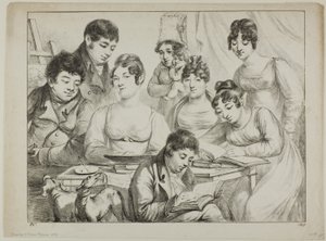 Rozmowa, rodzinny rysunek i czytanie, pielęgniarka trzymająca niemowlę, portret księcia Edmonda de Beauvau za krzesłem oraz portrety Madame Lavallée i Madame Vallory, obie siedzące autorstwa Dominique Vivant Denon