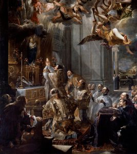 Msza założycielska Zakonu Trójcy Świętej Zakon Zakonu Trójcy Przenajświętszej (lub Trójcy Przenajświętszej) został założony przez Jana z Matha (1154-1213). Fragment obrazu Juana Carreno de Mirandy (1614-1683), wym. 5x3,1 m²