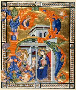 Dodaj śnieg. 35254 C, Inicjał „R” przedstawiający Zwiastowanie, z „Graduału Matki Bożej Anielskiej”, c.1375 (welum)